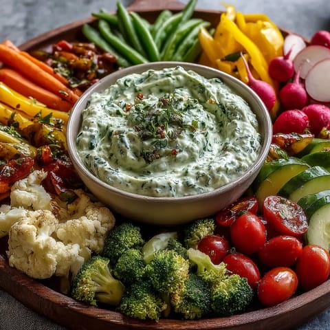 Crisp broccoli, cauliflower, and bell pepper arranged on a Little Sprout Veggie Platter alongside tangy Green Goddess dip for dipping.  