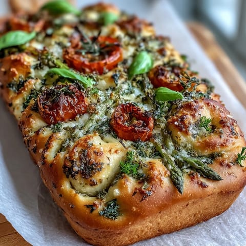 Vibrant focaccia bread decorated with colorful vegetable flowers and fresh herbs, perfect for a baby shower celebration.