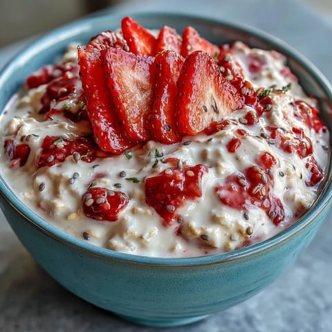 Creamy overnight oats with juicy strawberries, bright lemon zest, and crunchy poppy seeds for a refreshing breakfast.