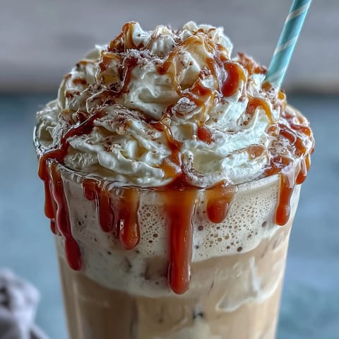 Iced Vanilla Bean Frappuccino with Caramel Drizzle in a tall glass, topped with whipped cream and a rich caramel drizzle.