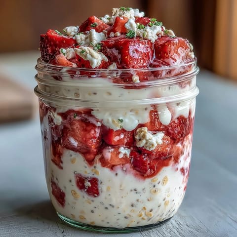 Vibrant strawberry protein overnight oats with creamy Greek yogurt and chia seeds for a nutritious, make-ahead breakfast.