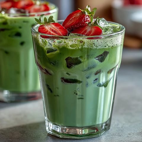 Iced Strawberry Matcha Latte with vibrant layers of strawberry puree, creamy milk, and earthy matcha green tea in a tall glass.