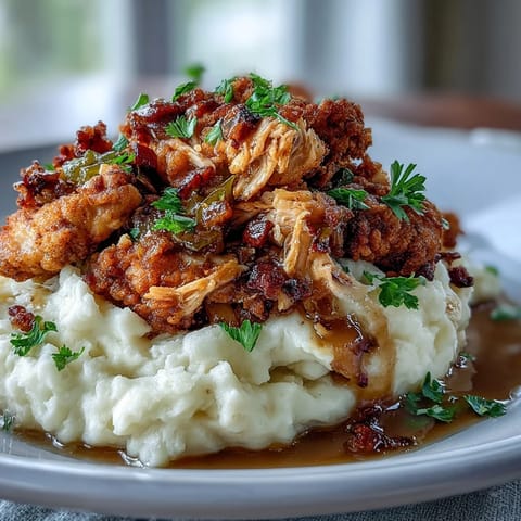 Slow Cooker Mississippi Chicken with Garlic Mashed Potatoes in a creamy, flavorful dish with tender shredded chicken and buttery mashed potatoes.  