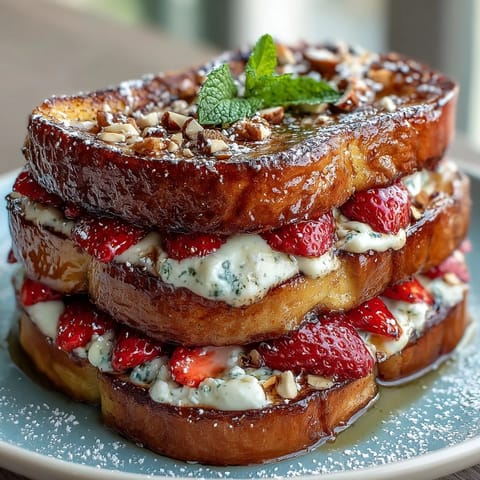 Decadent strawberry French toast bake with golden brioche, juicy berries, and a creamy custard, perfect for Mother's Day brunch.  