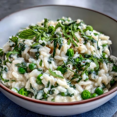 A vibrant bowl of creamy pea and mint risotto, with bright green peas and flecks of fresh mint, topped with Parmesan shavings.