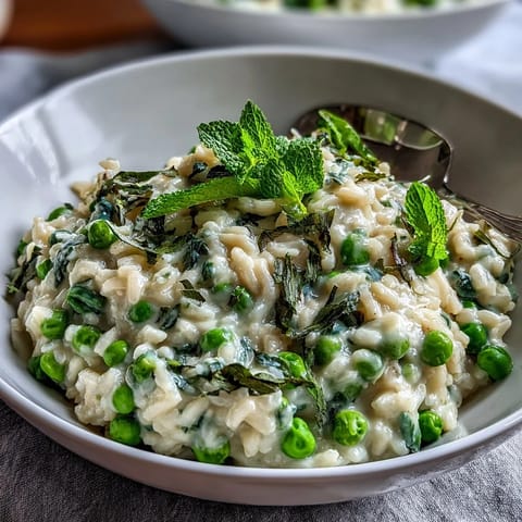 Spring pea and mint risotto with Parmesan, served in a white bowl, garnished with lemon zest and extra mint leaves for a fresh finish.