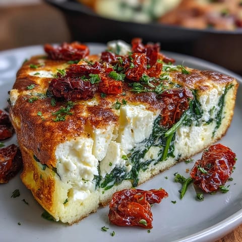 Fluffy spinach and feta frittata with tangy sun-dried tomatoes, baked to golden perfection and perfect for a healthy brunch or light dinner.