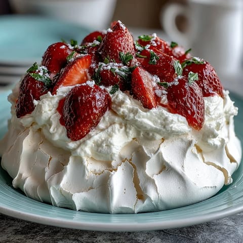 1. A beautiful strawberry pavlova with a crisp meringue base, topped with fluffy whipped cream and fresh, juicy strawberries.