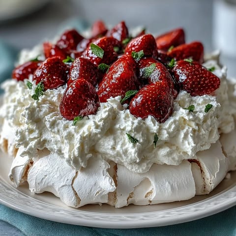 2. This classic dessert features a light and airy pavlova, crowned with sweet whipped cream and vibrant red strawberries.