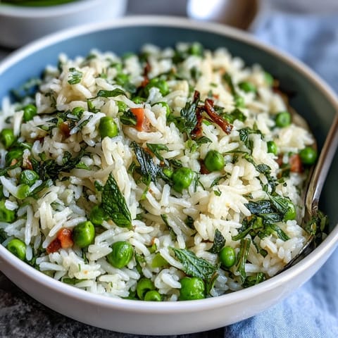 Fresh Spring Pea and Mint Rice Pilaf with vibrant green peas and aromatic herbs in a fluffy, fragrant rice side dish.  