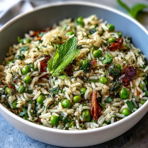 Colorful Spring Pea and Mint Rice Pilaf, a bright vegetarian side with tender peas, fresh mint, and zesty lemon notes.  