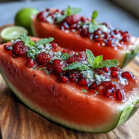 Vibrant watermelon carving board overflowing with fresh berries and mint leaves, perfect for summer parties and healthy snacking.