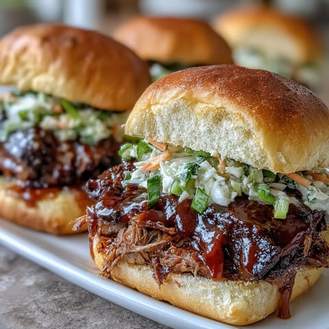 Smoky, slow-cooked brisket sliders topped with crisp slaw and sweet BBQ sauce for a crowd-pleasing bite.  