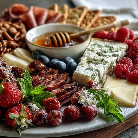 Spring charcuterie board with edible flowers and fruits, featuring vibrant edible flowers, cured meats, and fresh seasonal fruits arranged for a festive presentation.