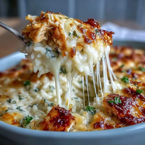 Golden bubbling Creamy Garlic Chicken & Rice Casserole fresh from the oven, with a crispy cheese top.