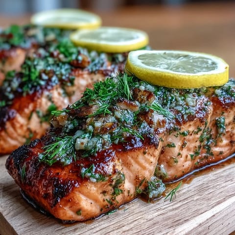 Cedar plank salmon with garlic dill, smoky and herb-infused, served with fresh lemon slices and dill garnish.