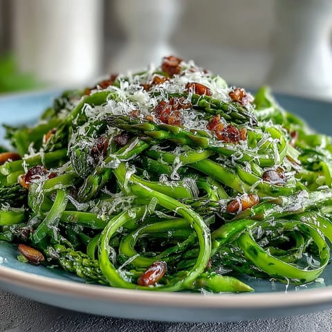 Shaved asparagus salad with lemon and Parmesan, vibrant ribbons of asparagus tossed in citrus dressing and topped with cheese.  