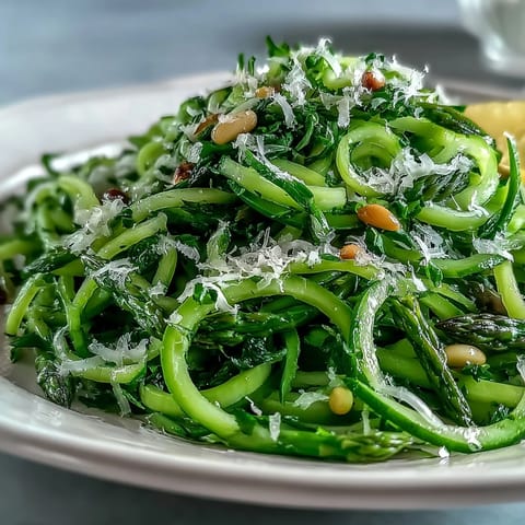 Fresh asparagus shaved into ribbons, dressed with lemon vinaigrette, and garnished with Parmesan for a bright, elegant salad.  