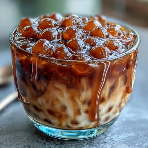 Homemade brown sugar tapioca pearls glisten in layered milk tea, offering a sweet and satisfying Taiwanese-inspired drink.  