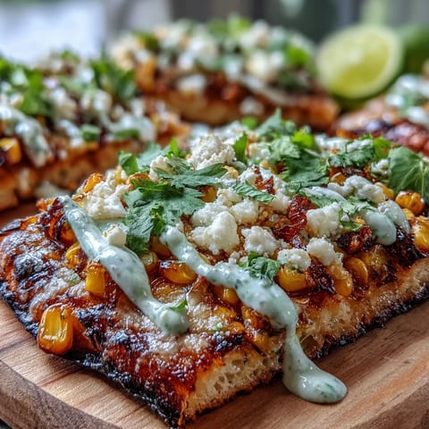 Festive Cinco de Mayo street corn flatbread, ready for drizzling with lime wedge.