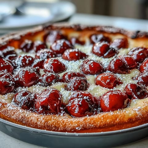 Warm, dusted Fresh Cherry Clafoutis, a rustic French dessert with a subtle vanilla aroma.