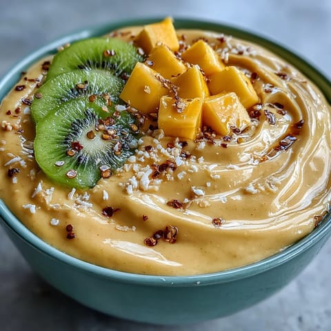 Vibrant Mango Chili Lime Smoothie Bowl topped with fresh fruit and granola.