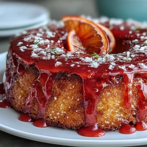 A vibrant gluten-free blood orange polenta cake with almond crumb and a glossy pink citrus glaze.  