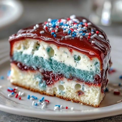 Juicy Patriotic Poke Cake bursting with red and blue gelatin, ready for parties.