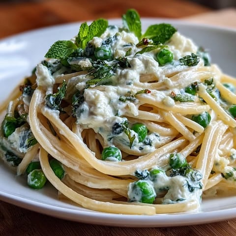 Creamy lemon ricotta pasta dish with vibrant green peas and fresh mint.