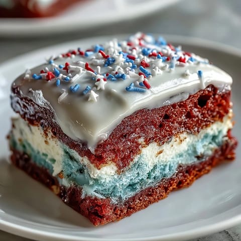 Festive Patriotic Poke Cake generously topped with creamy white chocolate ganache.