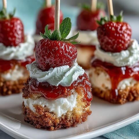 Mini Strawberry Shortcake Bites on skewers, a delightful fruity dessert on a stick.