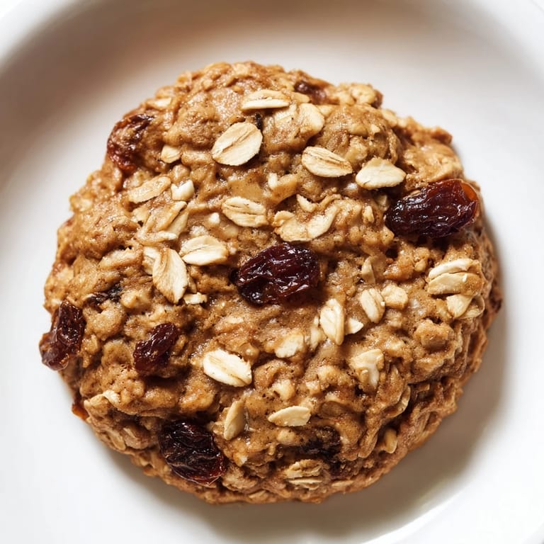 A close-up of golden chewy oatmeal raisin cookies, studded with plump, juicy raisins.
