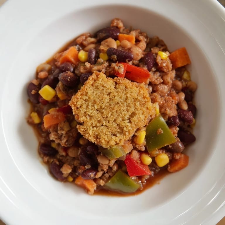 Close-up shot of the Rustic Wheat Chili, showing the textured cornbread and inviting aroma.