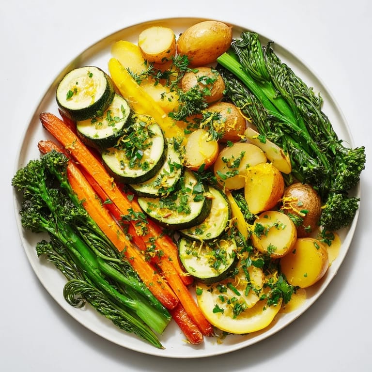 Vibrant light herb and fern-inspired roasted vegetable platter, showcasing tender veggies with fresh herbs and greens.