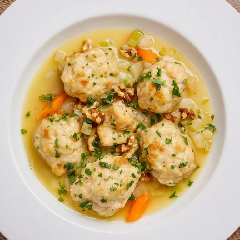 Close-up of bubbling Nut-Warm Homestyle Chicken and Dumplings, a hearty stew with walnut-infused dumplings.