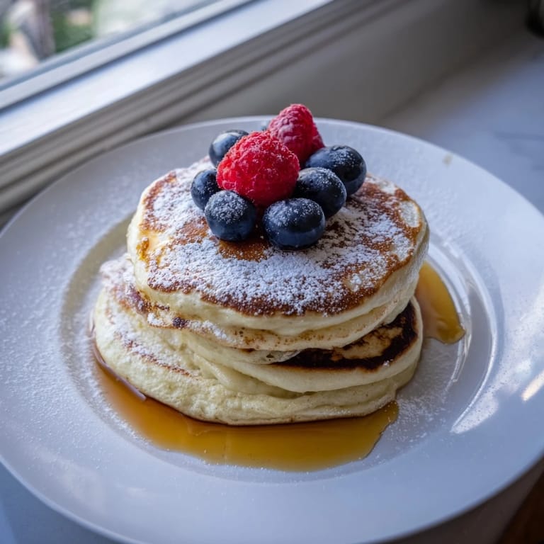 Warm, golden-brown fluffy ricotta pancakes, ready to be enjoyed with fresh berries and cream.