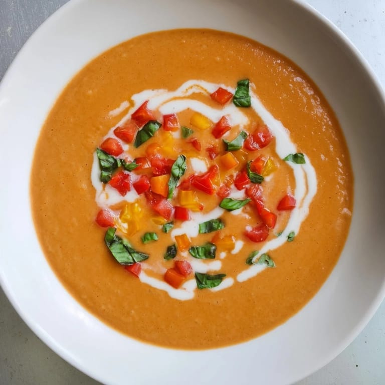 Smooth, vibrant red Whisked Weeknight Creamy Tomato and Basil Soup topped with a swirl of cream, ready to eat.