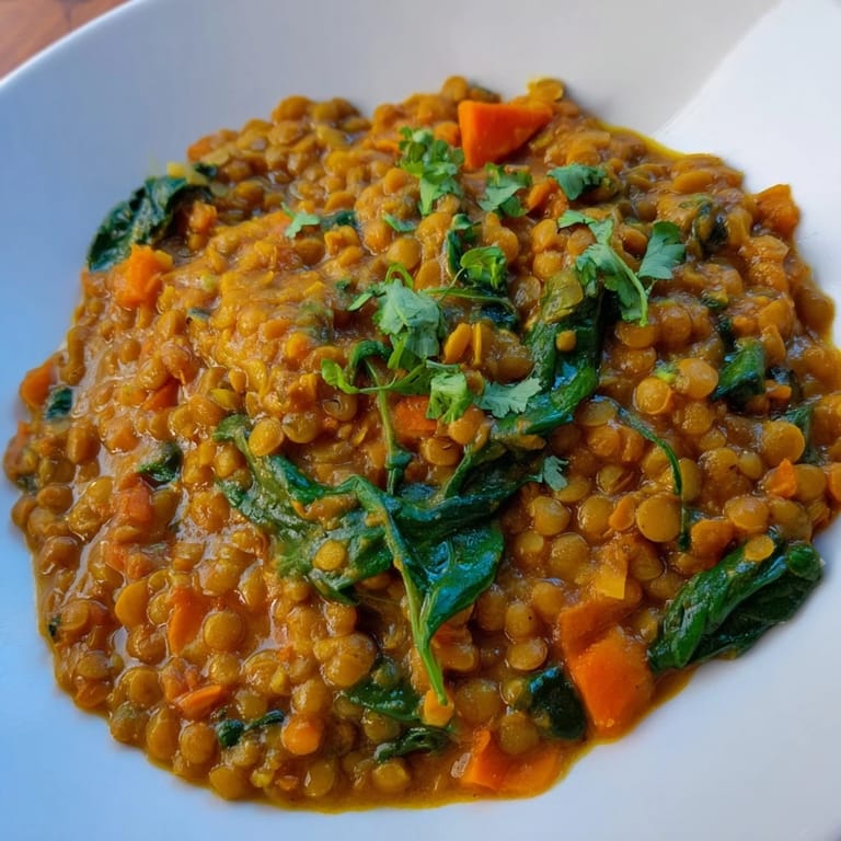 Close-up of golden Lentil and Spinach Curry, showcasing tender lentils and vibrant spinach cooked together.