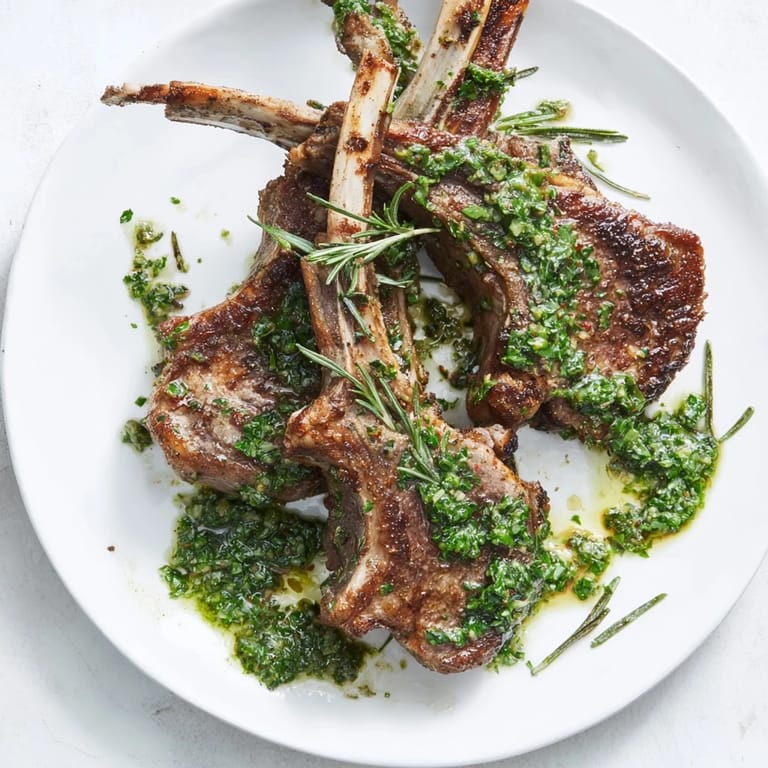 Close-up of succulent Rustic Mint Weeknight Pan-Seared Lamb Chops, beautifully tender with perfect sear marks, beside refreshing mint.