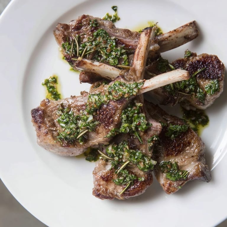 A beautifully plated dish of Rustic Mint Weeknight Pan-Seared Lamb Chops, served with a bright and zesty mint sauce.