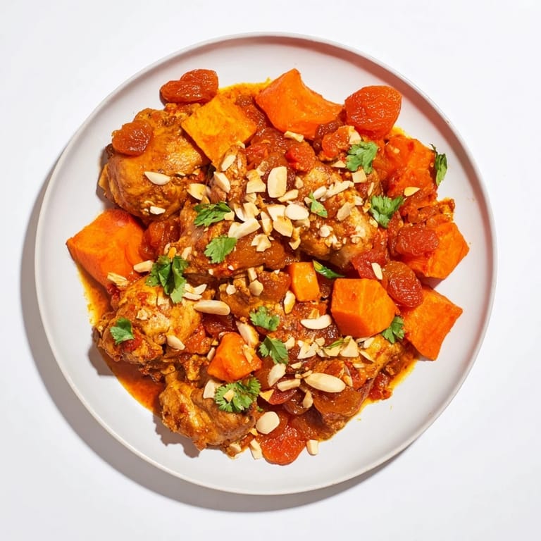 Close-up of bubbling Soft Spice Slow-Cooker Chicken and Sweet Potato Tagine, perfect for a cozy dinner.
