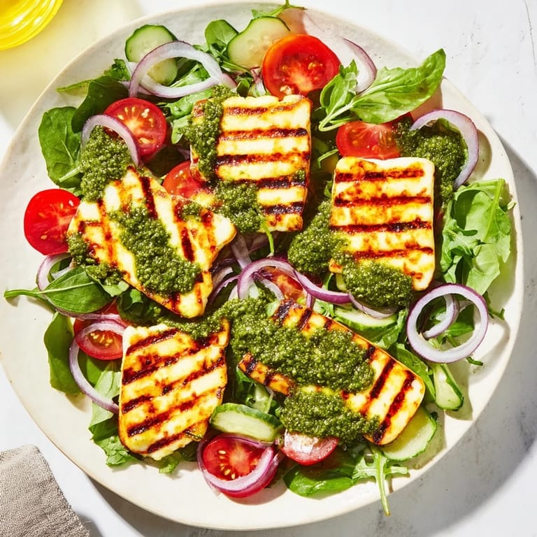 A close-up shot of grilled halloumi cheese with vibrant pesto, a Mediterranean delight on a plate.