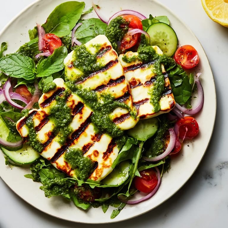 Delicious grilled halloumi recipe plated on greens, topped with pesto; a healthy vegetarian meal.