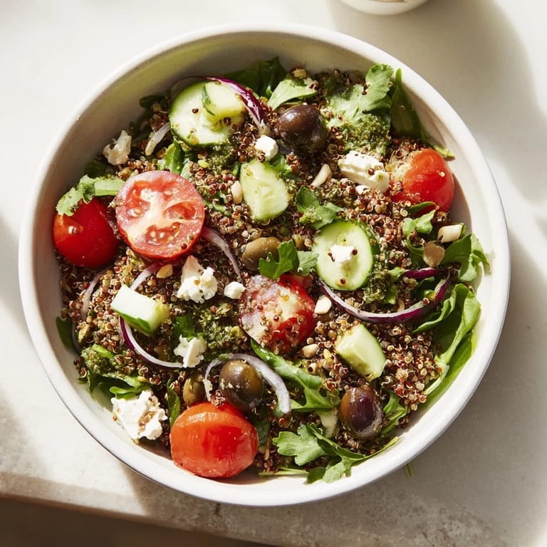 A fresh Mediterranean Grain Bowl showcases fluffy quinoa with assorted colorful vegetables, perfect for a light lunch.