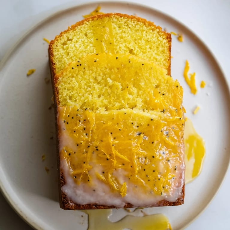 A close-up of a beautifully glazed Lemon Poppy Seed Cake, perfect for dessert with flaky texture.