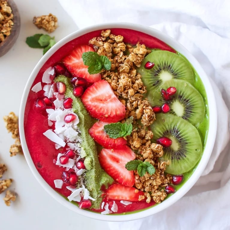 Brightly colored Festive red and green smoothie bowls, bursting with fresh berries, kiwi, and crunchy granola on top.