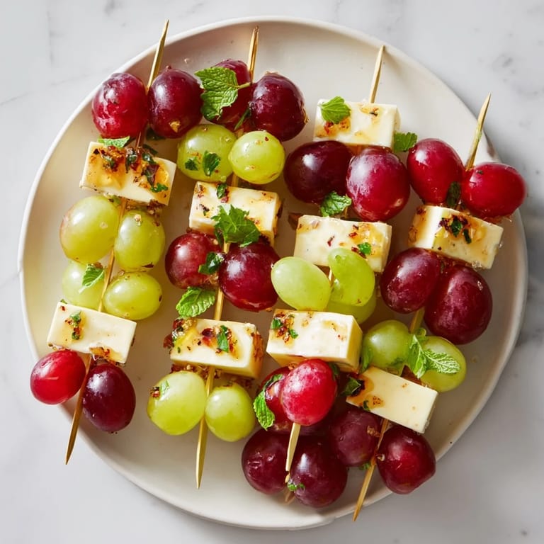 Close-up of Sparkling Grape and Cheese Skewers, showing contrasting colors of cheese and vibrant red grapes.