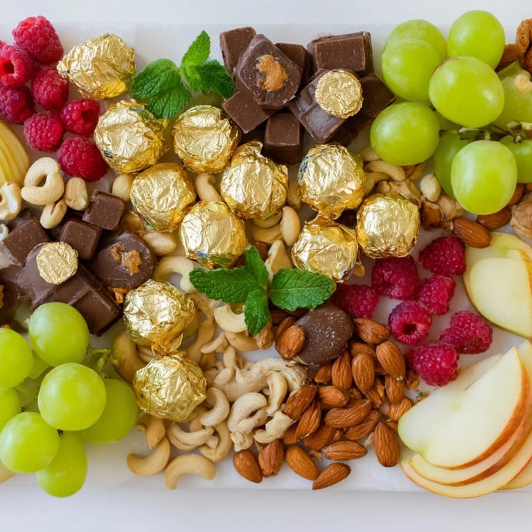This decadent Gold Foil Wrapped Chocolate Board features dark and white chocolate alongside fresh raspberries, ready to be enjoyed.