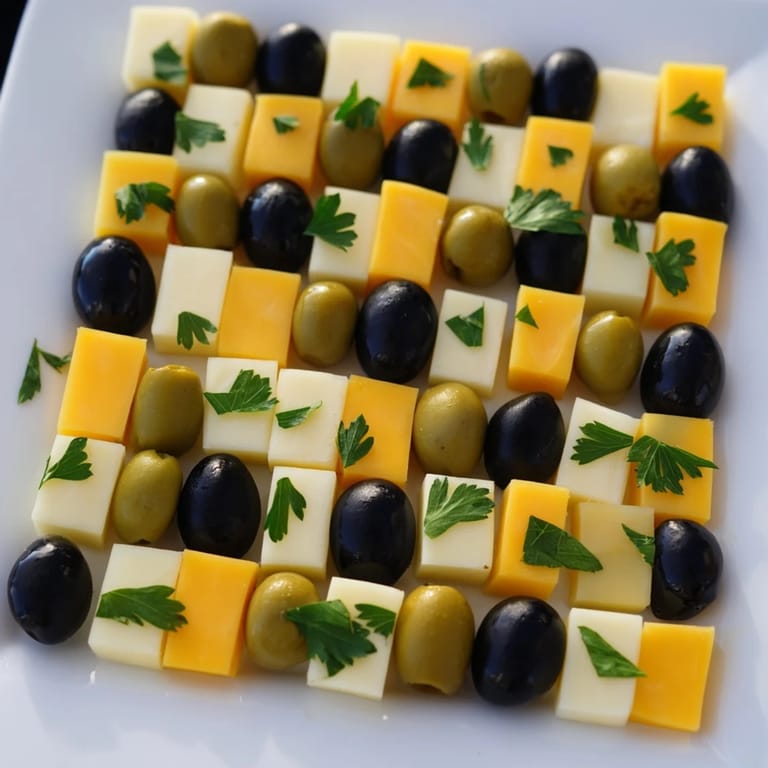 This Cheese and Olive Chess Board appetizer showcases vibrant green and black olives with creamy cheese cubes.