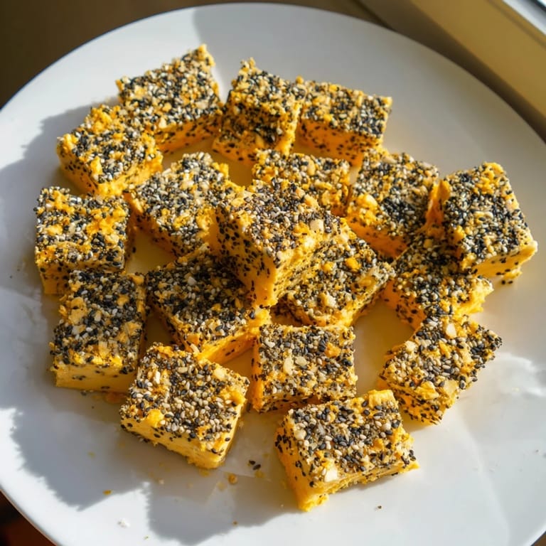 Vibrant everything bagel seasoning coats these delectable cheese cubes, creating a delightful bite-sized treat.